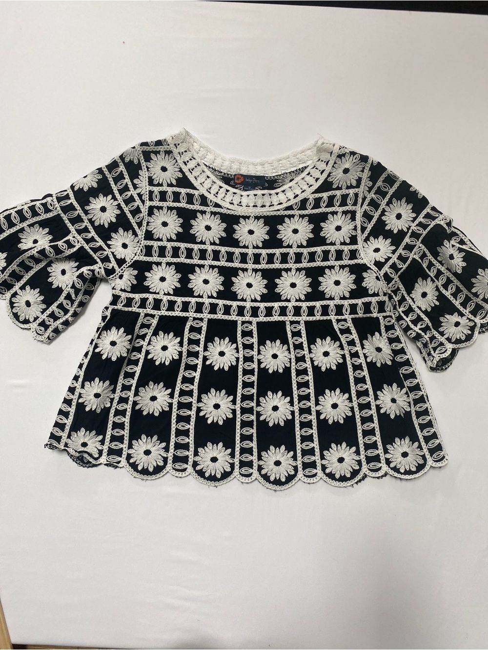 Indigo Poppy Embroidered Peplum Top Medium Boho Floral Blouse